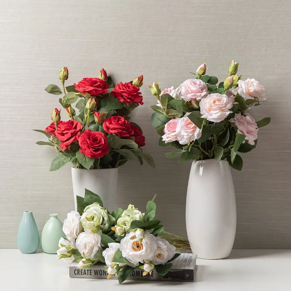 Venda quente Flor Artificial Tecido Rosa Única Stem Uma Cabeça E Um Bud Para Fontes Do Casamento