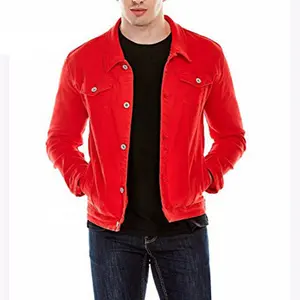 Jaket Jins Polos Denim Pria, Jaket Denim Merah Pas Badan untuk Pria/Jaket Pria