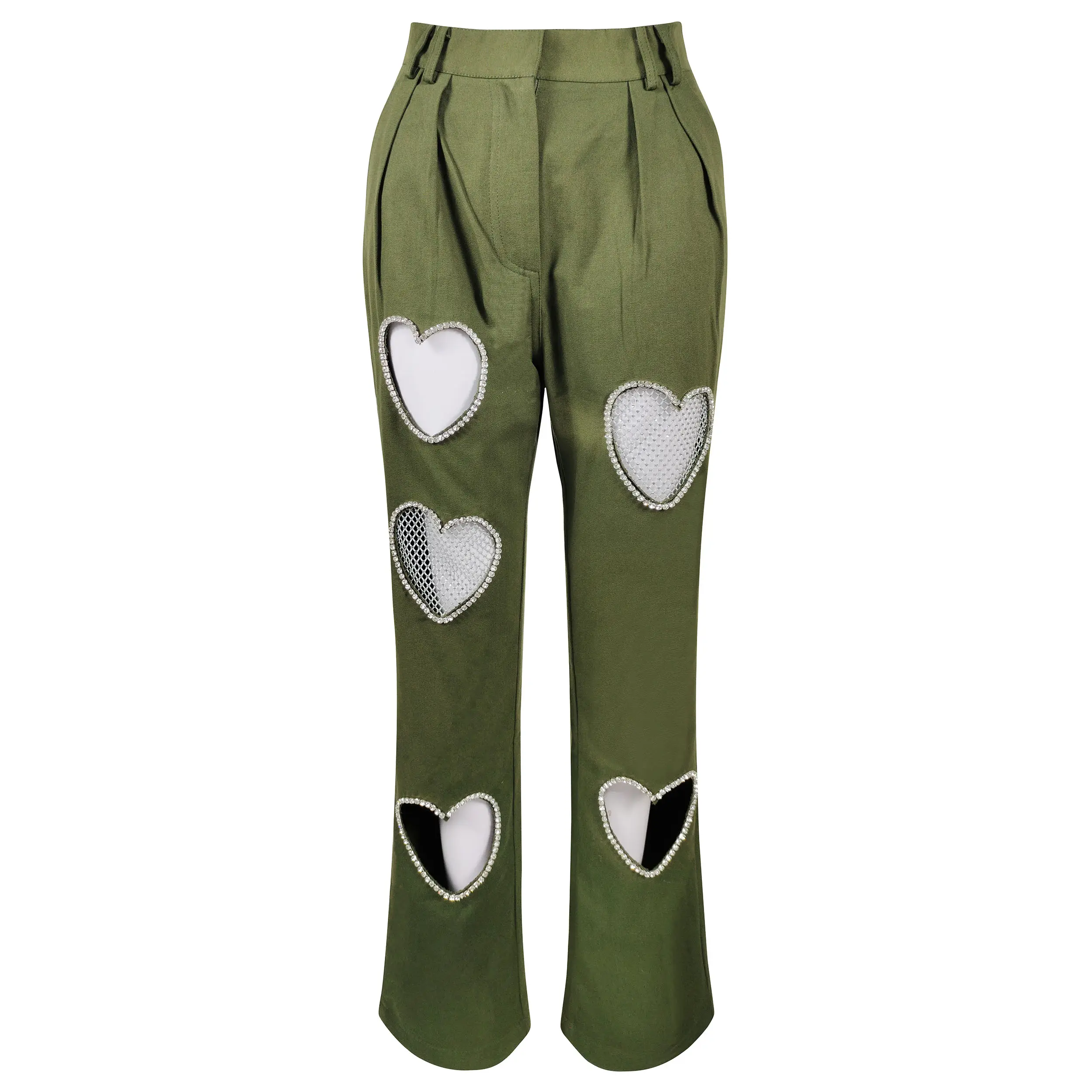 Amigogarment กางเกงขายาวแฟชั่น A7681สีเขียวสดใสมีสไตล์กางเกงขายาวสำหรับสุภาพสตรีแบบคัตเอาท์ประดับด้วยลูกปัดขนาดใหญ่พิเศษ