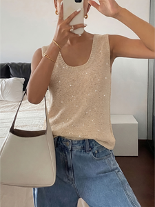 Débardeur en maille scintillante pour femme, été 2026, sans manches, à sequins, col rond, couleur or champagne, haut tricoté élégant pour le quotidien - Product Image 6