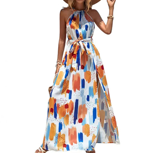 Vestido Maxi Personalizado con Estampado Floral para Otoño/Verano, Estilo Playa, Hombros Descubiertos, Cintura Alta, Holgado, Cómodo, Lavable, Elegante, Casual, con Aberturas - Product Image 4