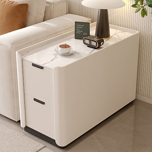 Meuble d'appoint moderne en bois massif avec plateau en pierre, 2 tiroirs et étagères, durable, pour appartement, salon, chambre, rangement, <span class=keywords><strong>canapé</strong></span> d'angle/table basse - Product Image 4