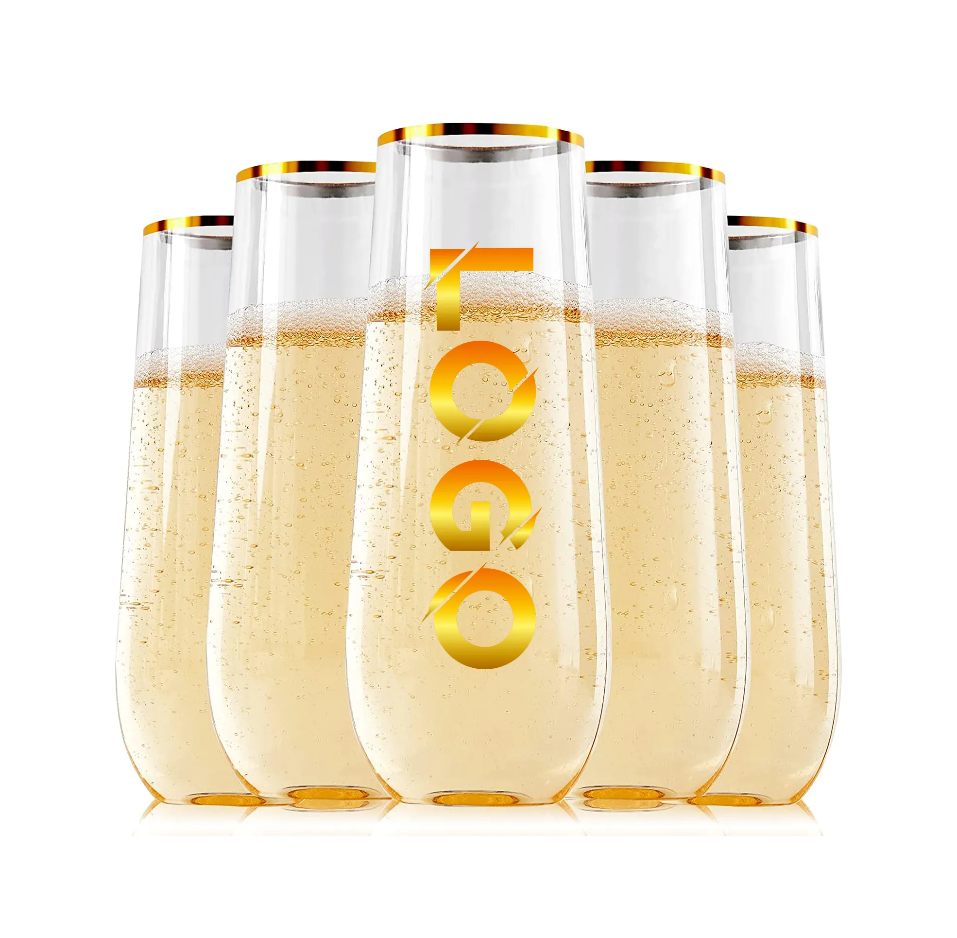 9oz अटूट सोने रिम शैंपेन बांसुरी स्पष्ट drinkware शराब गिलास बिना डंडी प्लास्टिक शैंपेन बांसुरी शादी के लिए