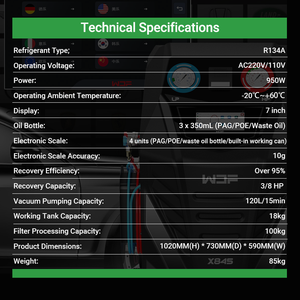 Unidad de Servicio de Aire Acondicionado X845 R134A Totalmente Automática y Económica, con Pantalla Táctil Inteligente de 7 Pulgadas para Recuperación y Carga - Product Image 6