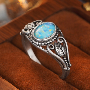 T0948 Women's 925 Sterling <b>Silver</b> <b>Opal</b> <b>Ring</b> Feather Design Antique <b>Silver</b> Plated Bezel Setting Gift Jewelry - Product Image 2