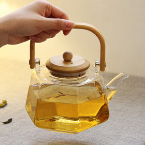 Théière <span class=keywords><strong>en</strong></span> verre hexagonale créative, résistante à la chaleur, compatible avec les cuisinières, pour faire du thé ou du café, avec poignée et couvercle <span class=keywords><strong>en</strong></span> <span class=keywords><strong>bambou</strong></span> - Product Image 1