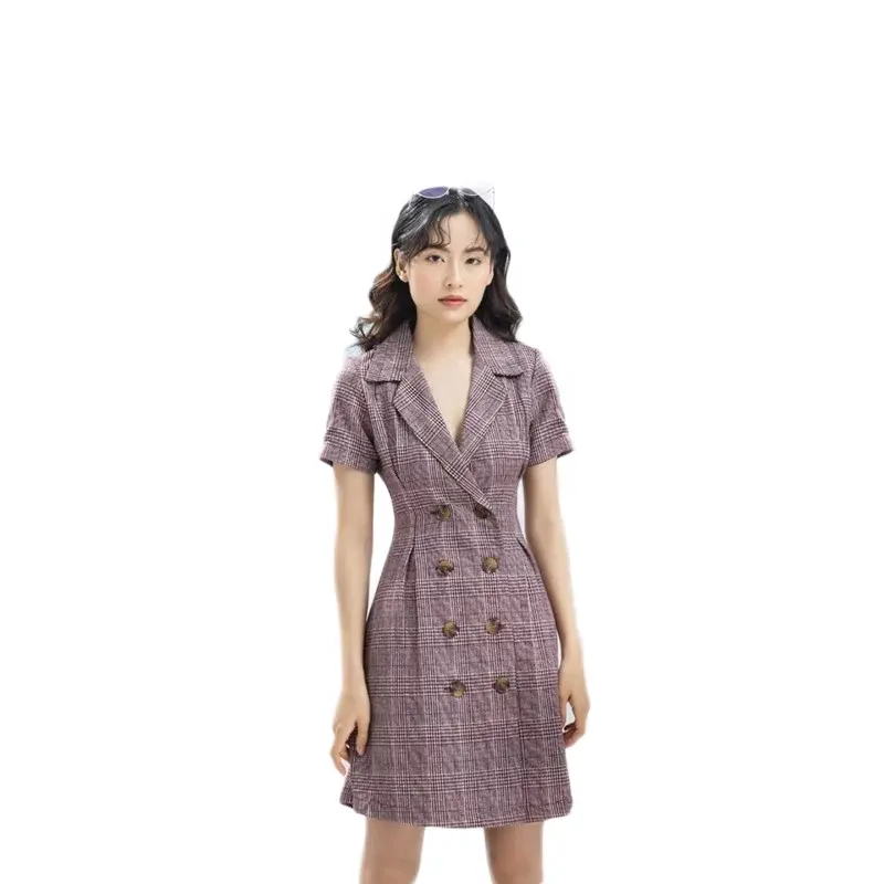 Autunno/inverno Giacca Manica Corta Vestito Controllato Plaid Vestito Le Donne Ufficiale Vietnamita T-Shirt Dress 2020 di Alta Qualità