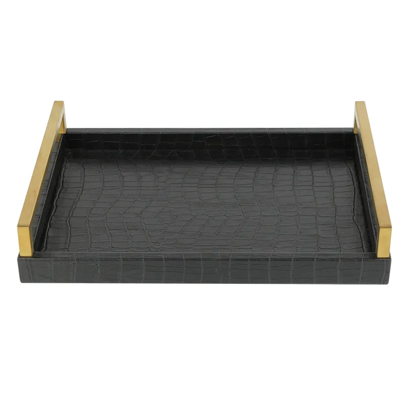 Factory Wholesale Rectangular Serving Trays for Home Black Decorative Leather Tray