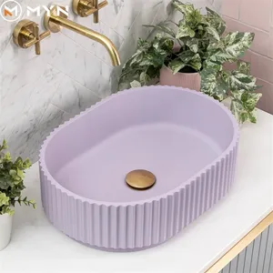 Modern orange purple green colorful oval fluted groove artificial stone washroom sink lavabo bathroom basin lavabo de bano