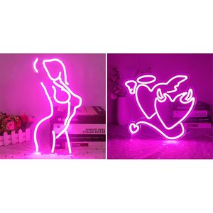 Ajoyferris ป้ายไฟ LED นีออนสำหรับผู้หญิงสีชมพูและสัญลักษณ์รูปปีศาจนางฟ้านีออนสัญลักษณ์หัวใจสีชมพูสำหรับตกแต่งห้องนอนหรี่แสงได้สำหรับห้องนอนบาร์ STO - Product Image 5