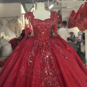 Wx450 <b>Red</b> <b>Glitter</b> Tulle Prom Dress Square Neck Long Sleeve Beaded Lace Ball Gown With Ruffle Hem Jancember - Product Image 4