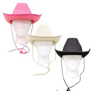 Chapeau de cowboy classique en feutre uni pour hommes et femmes, rose, noir, beige, chapeau de cowgirl western avec sangle sous le menton pour fête costumée - Product Image 3