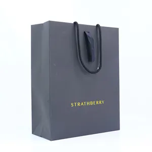 Wholesale Custom Printed Logo Men Shoes Clothing Shopping Spot UV Folding Kraft Paper Black Tote Bags With Plastic Handle