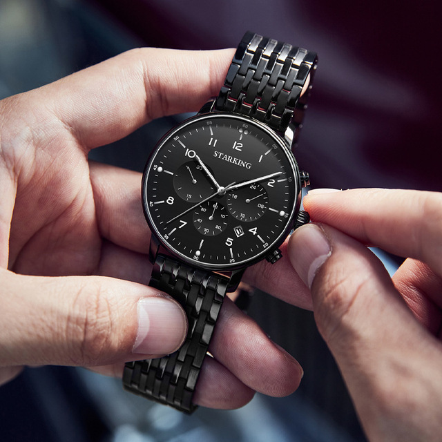 STARKING  Multifunctional Chronograph Stainless Steel  Band 3BAR Water Resistant Men's Quartz Calendar Watch