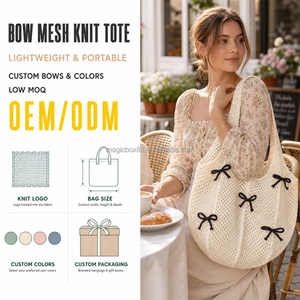 Bolso tote de punto de malla con lazo, detalles de cinta negra, bolso de hombro calado blanco crema, estilo cafetería parisina, logotipo personalizado, MOQ bajo, B2B - Product Image 1
