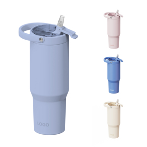 Gobelet isotherme personnalisé avec logo imprimé, en acier inoxydable 18/8, avec revêtement en céramique, double paroi, avec poignée et paille rabattable - Product Image 1