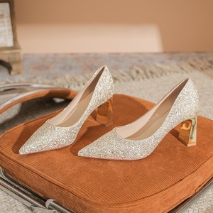 7777F Women's <b>Glitter</b> Pumps Pointed Toe <b>Block</b> <b>Heel</b> High <b>Heel</b> Silver Formal Shoes Size 35 36 37 38 39 40 - Product Image 3