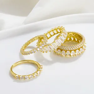 Joyería de Plata de Ley 925 para mujer, joyería chapada en oro de circón, anillo de banda de eternidad Baguette de lujo CZ