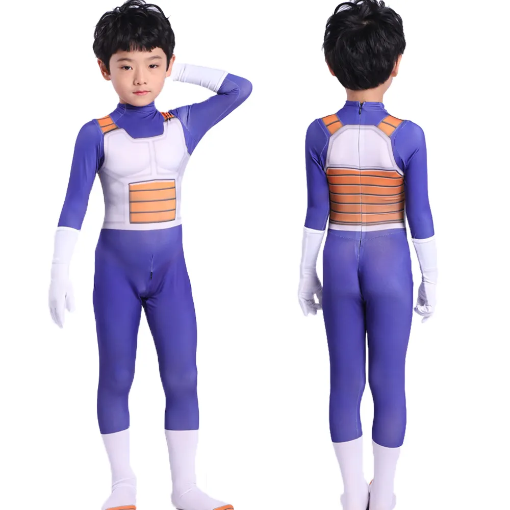 Kostum Cosplay Anime Halloween Vegeta anak-anak dewasa setelan jumpsuit karnaval dengan Wig ekor gaun Tahun Baru emas biru