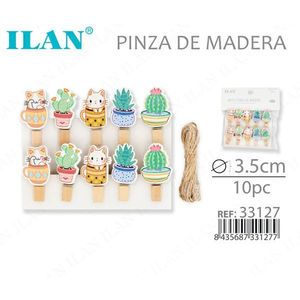 Pinces à linge en bois Ilan 3,5 cm, lot de 10, motif chat et cactus, pour artisanat et décoration - Product Image 3