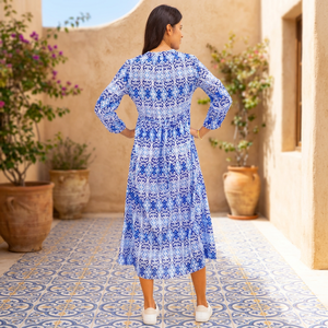 Vestido Maxi de Algodón Orgánico Estampado Azul para Mujer |   Vestido Boho Informal de Manga Larga para Exteriores con Bolsillos |   Ropa de Verano para Vacaciones - Product Image 2
