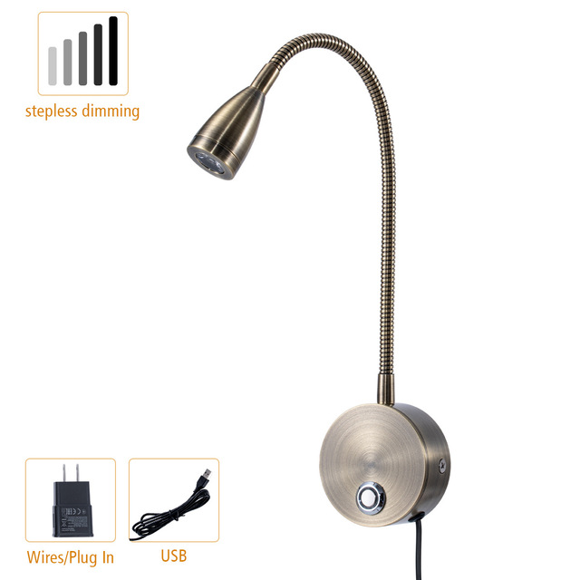 Bronze Dimmable Wall Mount Reading Neck Light Gooseneck USB Rechargeable Headboard Bedside LED Light for Living Room