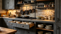 Meuble de cuisine vintage rustique en bois noir avec panneaux encadrés et étagères métalliques ouvertes – Ensemble complet – Fabricant de meubles