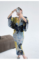 Robe plissée style Miyake pour femme, à manches chauve-souris longues, dégradé de couleurs, imprimée, à franges, grande taille, décontractée et élégante