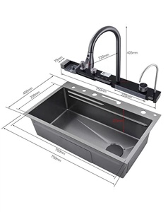 <span class=keywords><strong>Évier</strong></span> de <span class=keywords><strong>cuisine</strong></span> professionnel en acier inoxydable nano PVD de 750 mm, poste de travail à cuve unique, à encastrer sous plan, avec robinet cascade LED et douchette extractible - Product Image 6