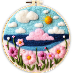 Floral Pattern Wool Felt DIY Kit Round Shape Home Decoration Embroidery Crafts Cross-Stitching & Needlework Handmade Crochet