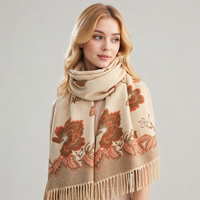 Écharpe élégante à imprimé floral pour femme, douce au toucher comme du cachemire, châle chaud d'hiver, grande cape enveloppante à franges et pompons, pashmina surdimensionnée