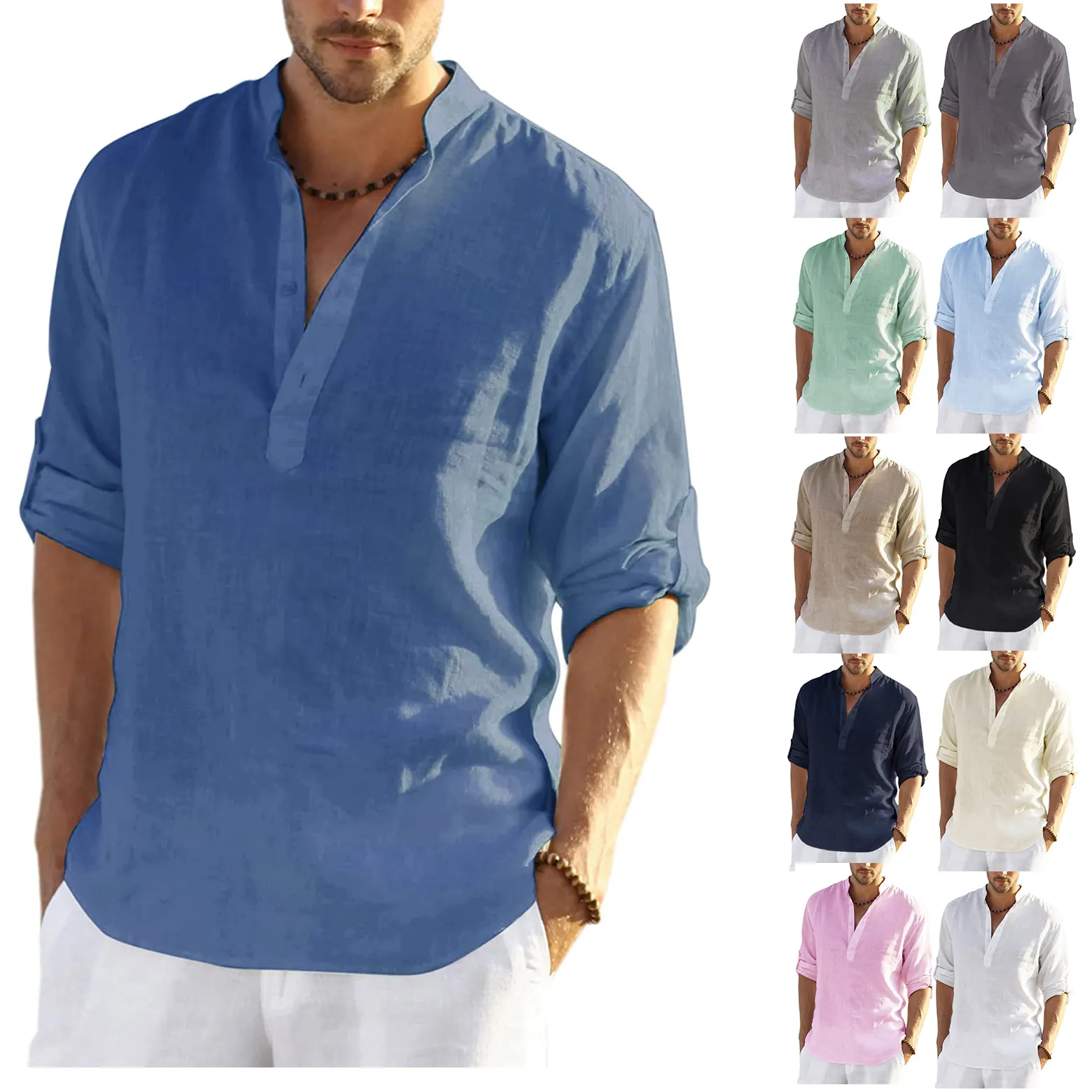Shinesia Men's Shirts Plus Size Henry Shirts Long Sleeve Cotton Linen Lightweight Casual Custom OEM Shirts Men for Summer Stand