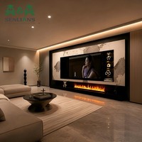 Meuble TV mural intégré moderne avec foyer linéaire, console multimédia à texture marbre et écran rétroéclairé pour villa de luxe