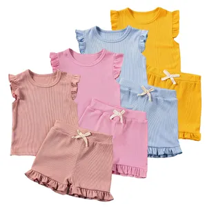Organic Ribbed Bamboo Kids Sets 2 Piece Knit Set Kid Sustainable Girls Clothing Set Custom Summer Girl Kids T Shirt And Shorts