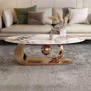 Juego de Mesa de Centro de Piedra Sinterizada de Mármol Moderno de Lujo de 2 Piezas con Marco de Acero Inoxidable Dorado, Muebles de Sala de Estar de Lujo Ligero - Product Image 3