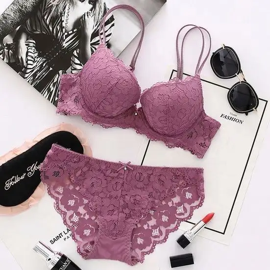 Bra Push Up Renda Wanita, Set Celana Dalam Fashion Wanita Set Bra Renda Berongga 2021