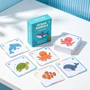 Cartes flash sur les dinosaures, jouet éducatif pour les enfants de 2 à 4 ans, cartes en carton holographique dans une boîte en carton, impression personnalisée - Product Image 5