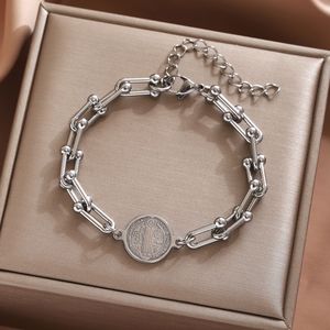 Nuevo Modelo de Brazalete de Acero Inoxidable con <span class=keywords><strong>Cruz</strong></span> de <span class=keywords><strong>San</strong></span> <span class=keywords><strong>Benito</strong></span>, Estilo Vintage, con Eslabones en Forma de U y Herradura - Product Image 2