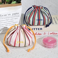 Nouvelle conception, sac de rangement pour maquillage en coton rayé, fond carré, sac de luxe avec logo personnalisé imprimé, pochette cosmétique en sergé de coton avec cordon de serrage
