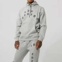Setelan Sweatshirt Hoodie Pria Biru Dongker Ukuran Oversize Bahan Fleece dengan Cetakan Huruf, Tracksuit Kasual dengan Saku untuk Musim Gugur