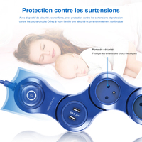 Multiprise USB flexible personnalisée avec protection contre les surtensions, 6 prises, 2 ports USB-A, 2 ports USB-C, 230V, compatible USA/UK/EU, utilisation universelle