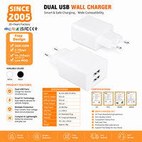 Cargador de Pared USB Dual Directo de Fábrica, 10.5W, Adaptador con Enchufe Europeo y 2 Puertos USB A, Protección Múltiple para Teléfono y Tableta