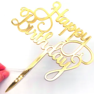 Customized Own design Golden mirror acrylic wedding happy birthday cake topper design