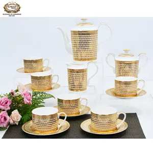 17pcs Karosa western style tea cup sets embossed gold luxury fine bone china coffe set new arrive