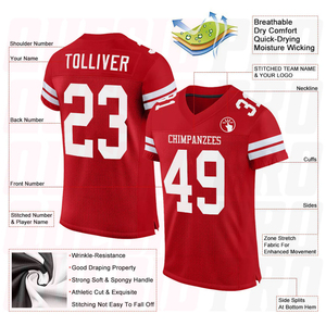Camiseta de Fútbol Americano Personalizada con Cuello en V Rojo, Manga Corta, Impresión Sublimada, Transpirable, Corte Regular, Unisex para Adultos, Nombre y Número del Equipo - Product Image 3