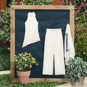 Conjunto de 2 piezas para mujer, top asimétrico sin mangas y pantalones anchos, crepé modal liso, corte holgado, estilo minimalista para todas las estaciones - Product Image 3