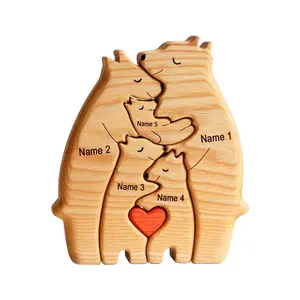 Kayu Beruang keluarga seni teka-teki dan kerajinan beruang pelukan keluarga ornamen rumah tangga hadiah terbaik disesuaikan ukiran nama Anda