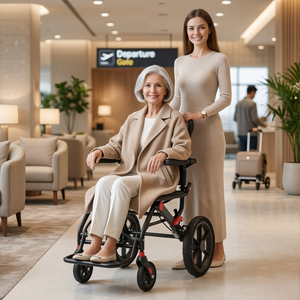 Fauteuil roulant pliable avec roues arrière alvéolées de 12 pouces et double ressorts <span class=keywords><strong>avant</strong></span> et siège en cuir, cadre en alliage d'aluminium noir ultra-léger - Product Image 2