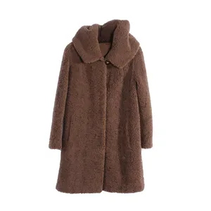 חורף נשים מעיל Shearling צמר מעורב פו טדי פרווה ארוך מעיל עם הוד מכירה לוהטת