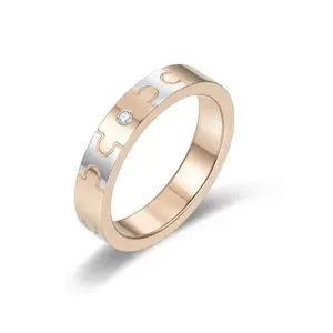 Yiwu Aceon Stainless Steel Elegant Flat Band Carved Texture Rose Gold Silver Double Tone Birthstone Puzzle Autism Ring